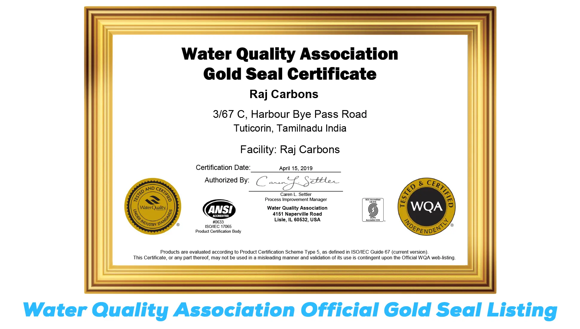 Water Quality Association Official Gold Seal Listing